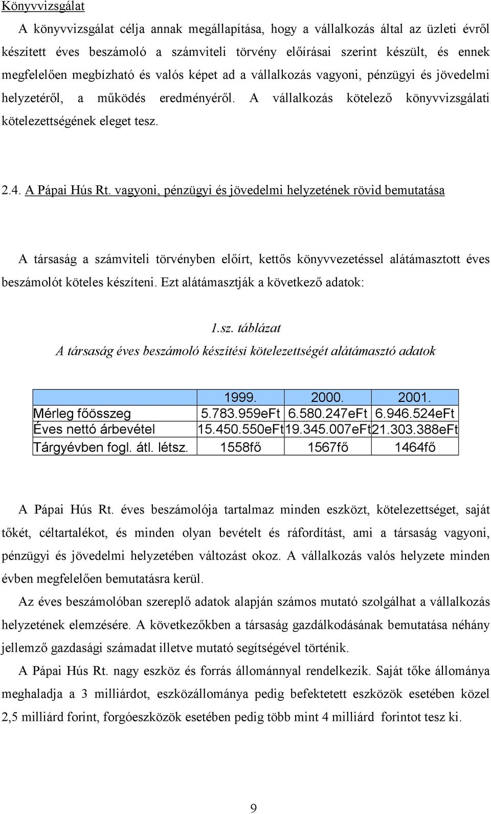 A Pápai Hús Rt. vagyoni, pénzügyi és jövedelmi helyzetének rövid bemutatása A társaság a számviteli törvényben el#írt, kett#s könyvvezetéssel alátámasztott éves beszámolót köteles készíteni.