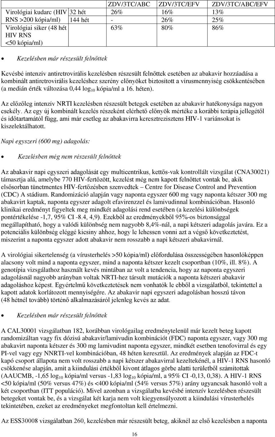 vírusmennyiség csökkentésében (a medián érték változása 0,44 log 10 kópia/ml a 16. héten). Az előzőleg intenzív NRTI kezelésben részesült betegek esetében az abakavir hatékonysága nagyon csekély.