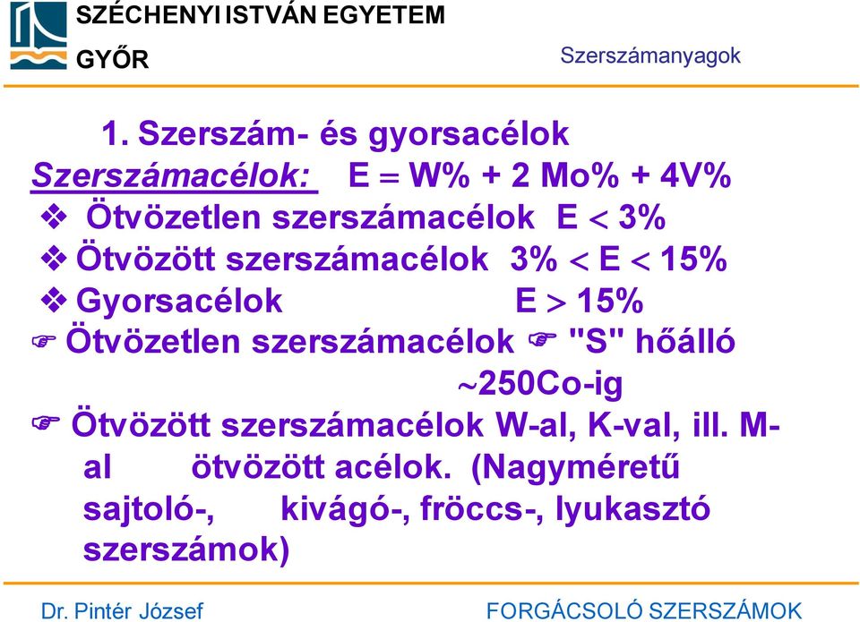 szerszámacélok E 3% Ötvözött szerszámacélok 3% E 15% Gyorsacélok E 15% Ötvözetlen