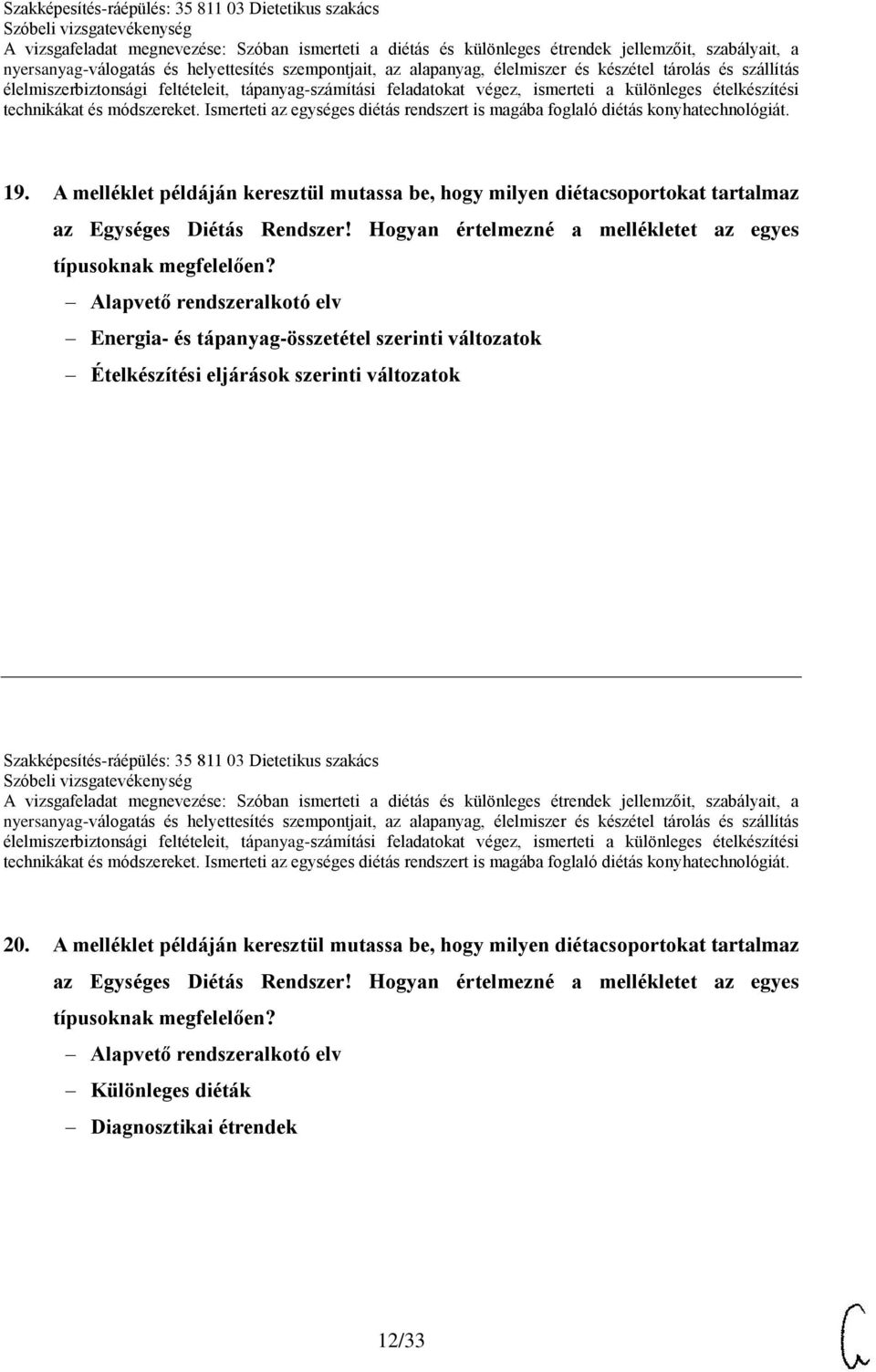 Alapvető rendszeralkotó elv Energia- és tápanyag-összetétel szerinti változatok Ételkészítési eljárások szerinti változatok Szakképesítés-ráépülés: 35