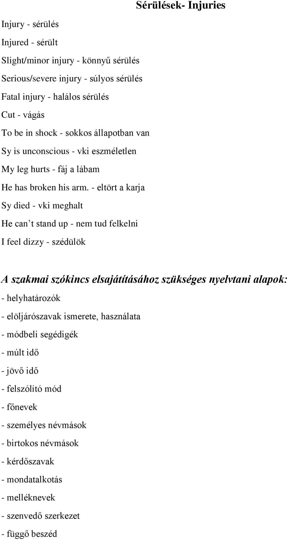 - eltört a karja Sy died - vki meghalt He can t stand up - nem tud felkelni I feel dizzy - szédülök A szakmai szókincs elsajátításához szükséges nyelvtani alapok: -
