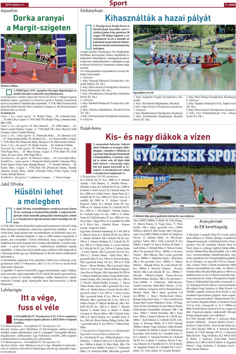 A TVK-Mali Triatlon Klub sportolói közül dicséret illeti Lehmann Csongort is, aki bronzéremmel térhetett haza az ob-ról. Eredmények Újonc 1. kcs., leány egyéni: 16. Borjús Virág, 20. Lehmann Sára, 30.