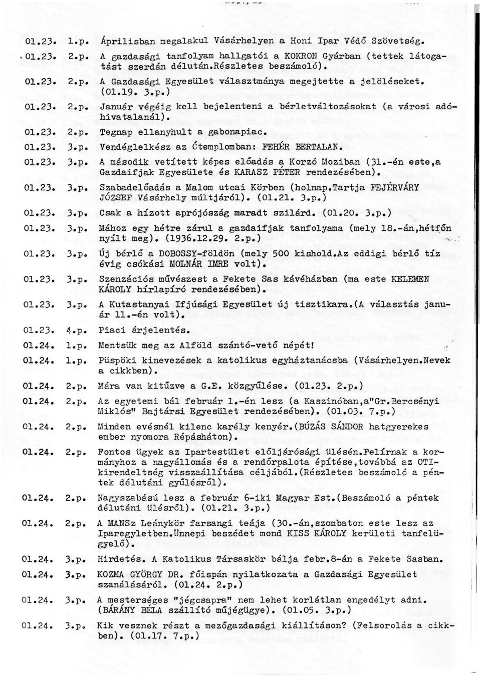 01.23. 3.p. A második vetített képes előadás a Korzó Moziban (31.-én este,a Gazdaifjak Egyesülete és KARASZ PÉTER rendezésében). 01.23. 3.p. Szabadelőadás a Malom utcai Körben (holnap.