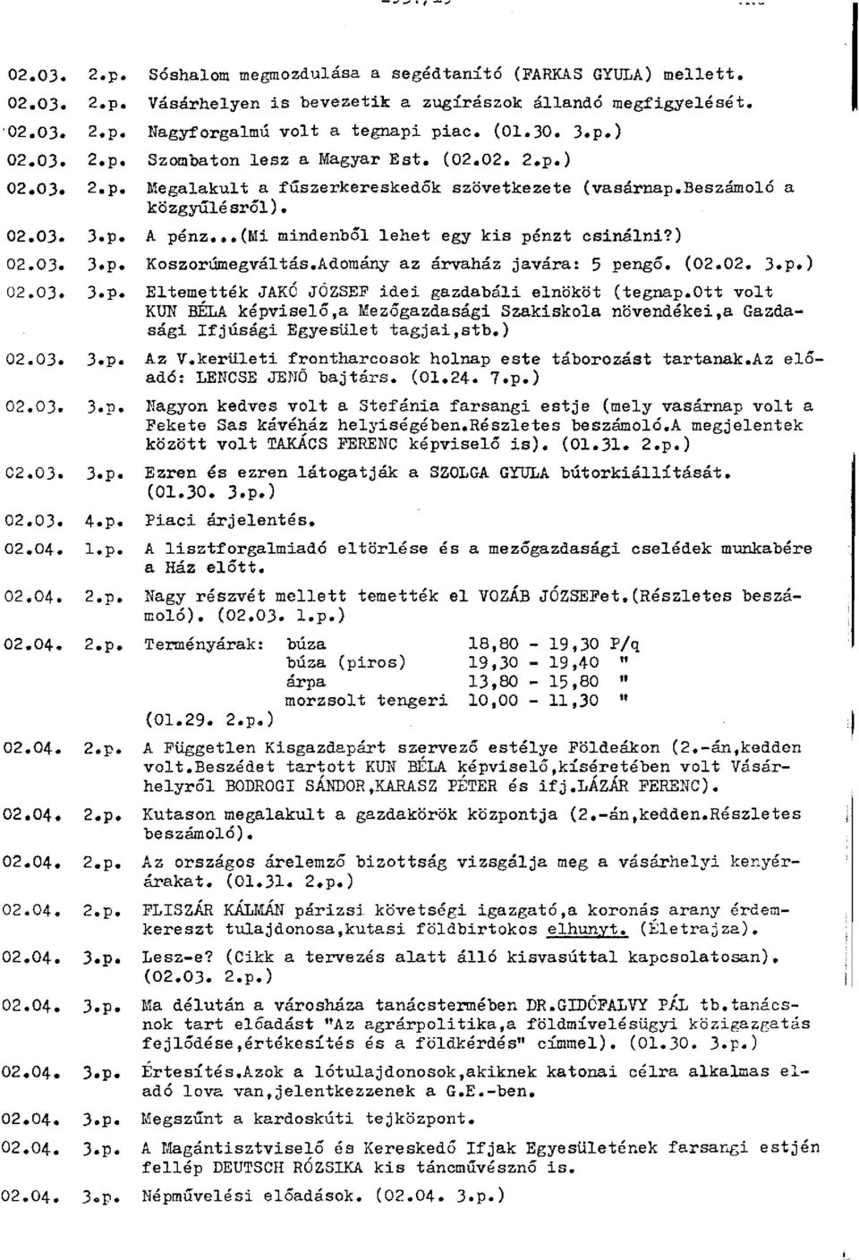 ..(mi mindenből lehet egy kis pénzt csinálni?) 02.03. 3.p. Koszorúmegváltás.Adomány az árvaház javára: 5 pengő. (02.02. 3.p.) 02.03. 3.p. Eltemették JAKÓ JÓZSEF idei gazdabáli elnököt (tegnap.