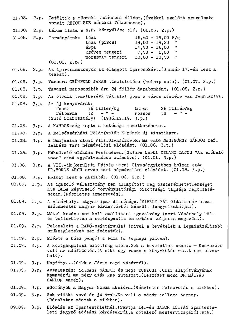 (01.08. 2.p.) 01.08. 3«p. Az ötödik temetkezési vállalat joga a város részére van fenntartva. 01.08. 3.p. Az új kenyérárak: fehér 36 fillér/kg barna 26 fillér/kg félbarna 32 - " - rozsos 32 - " - (Sütő Szakosztály) (1936.