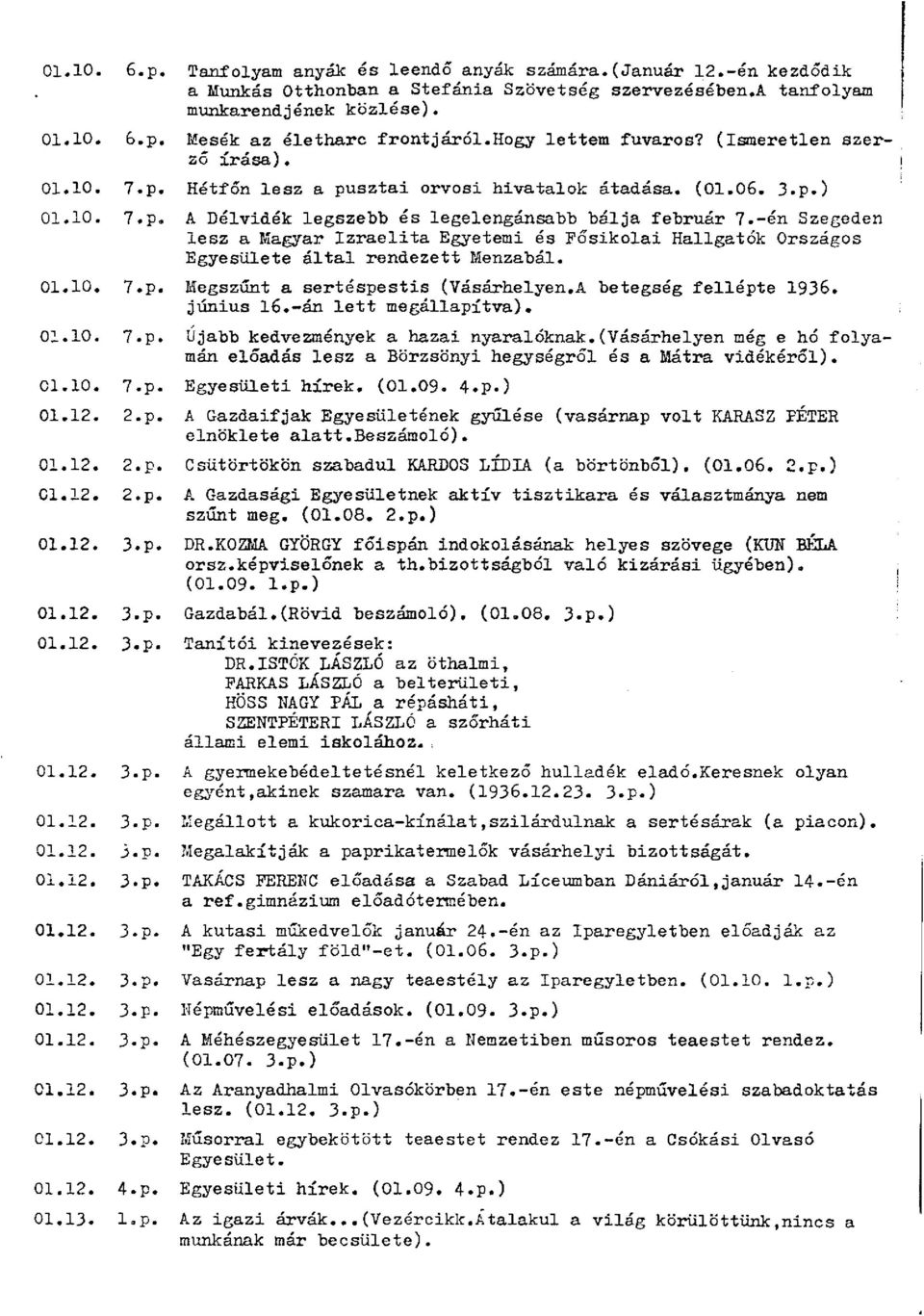 -én Szegeden lesz a Magyar Izraelita Egyetemi és Fősikolai Hallgatók Országos Egyesülete által rendezett Menzabál. 01.10. 7.p. Megszűnt a sertéspestis (Vásárhelyen.A betegség fellépte 1936. június 16.