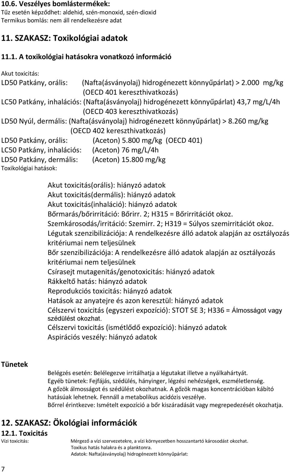 hidrogénezett könnyűpárlat) > 8.260 mg/kg (OECD 402 kereszthivatkozás) LD50 Patkány, orális: (Aceton) 5.