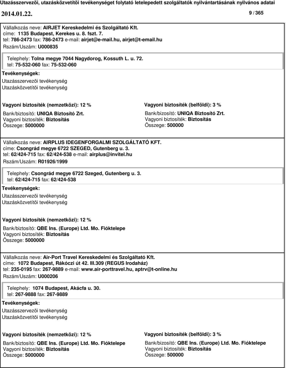 Vállalkozás neve: AIRPLUS IDEGENFORGALMI SZOLGÁLTATÓ KFT. címe: Csongrád megye 6722 SZEGED, Gutenberg u. 3. tel: 62/424-715 fax: 62/424-538 e-mail: airplus@invitel.