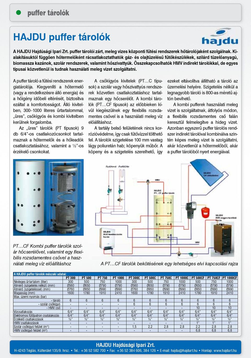 Összekapcsolhatók HMV indirekt tárolókkal, de egyes típusai közvetlenül is tudnak használati meleg vizet szolgáltatni. A puffer tároló a fûtési rendszerek energiatárolója.