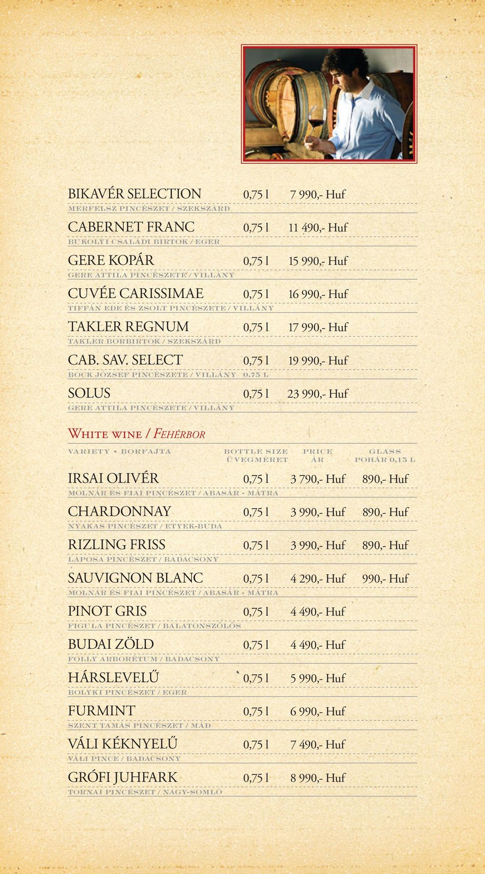 SELECT 0,75 l 19 990,- Huf BOCK JÓZSEF PINCÉSZETE / VILLÁNY 0.