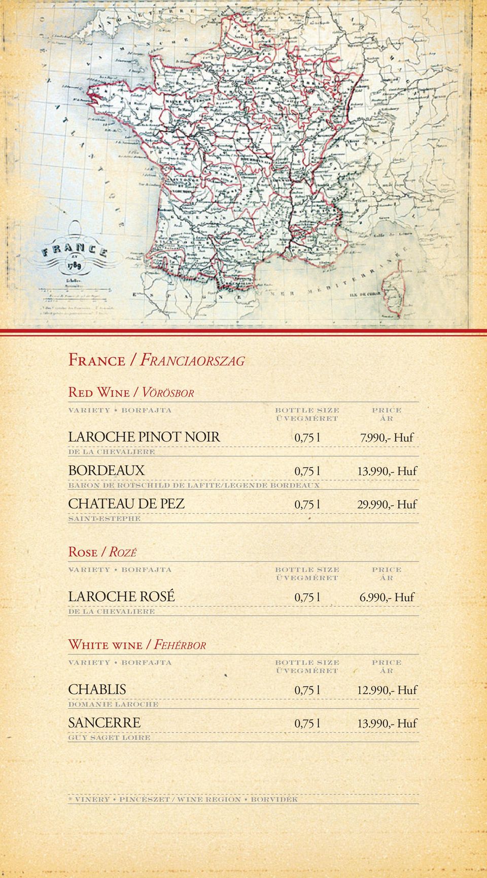 990,- Huf BARON DE ROTSCHILD DE LAFITE/LEGENDE BORDEAUX CHATEAU DE PEZ 0,75 l 29.