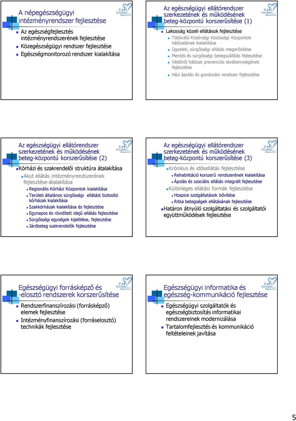 betegszállítás Védőnői hálózat prevenciós tevékenységének Házi ápolás és gondozási rendszer Az egészségügyi ellátórendszer szerkezetének és működésének beteg-központú korszerűsítése (2) Kórházi és