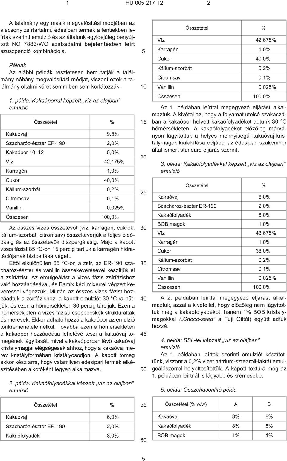1. példa: Kakaóporral képzett víz az olajban Kakaóvaj 9,% Szacharóz-észter ER¹190 2,0% Kakaópor 12,0% Víz 42,17% Karragén 1,0% Cukor,0% Kálium-szorbát 0,2% Citromsav 0,1% Vanillin 0,02% Összesen 0,0%