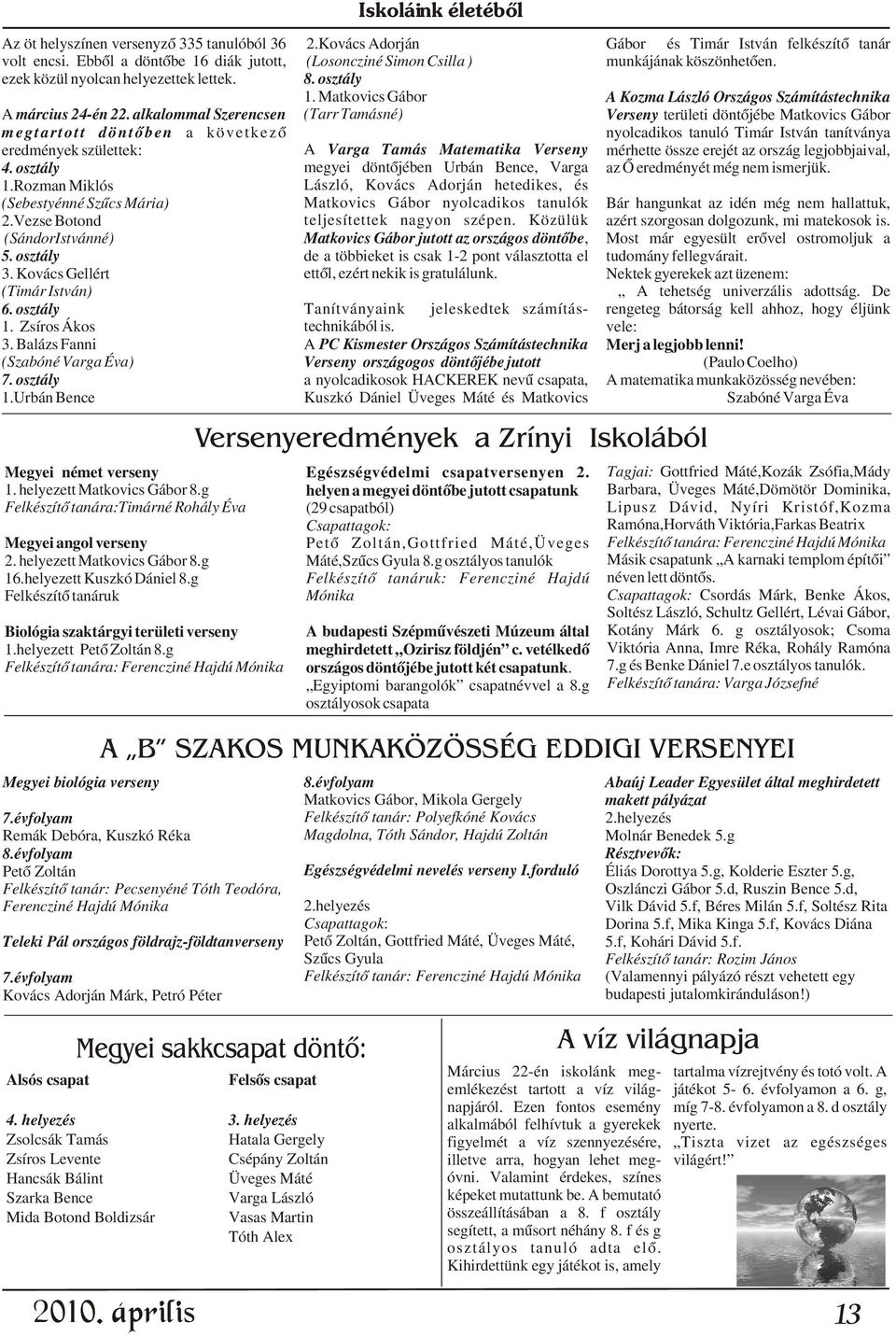g Máté,Szûcs Gyula 8.g osztályos tanulók 16.helyezett Kuszkó Dániel 8.g Felkészítõ tanáruk: Ferencziné Hajdú Felkészítõ tanáruk Mónika Biológia szaktárgyi területi verseny 1.helyezett Petõ Zoltán 8.
