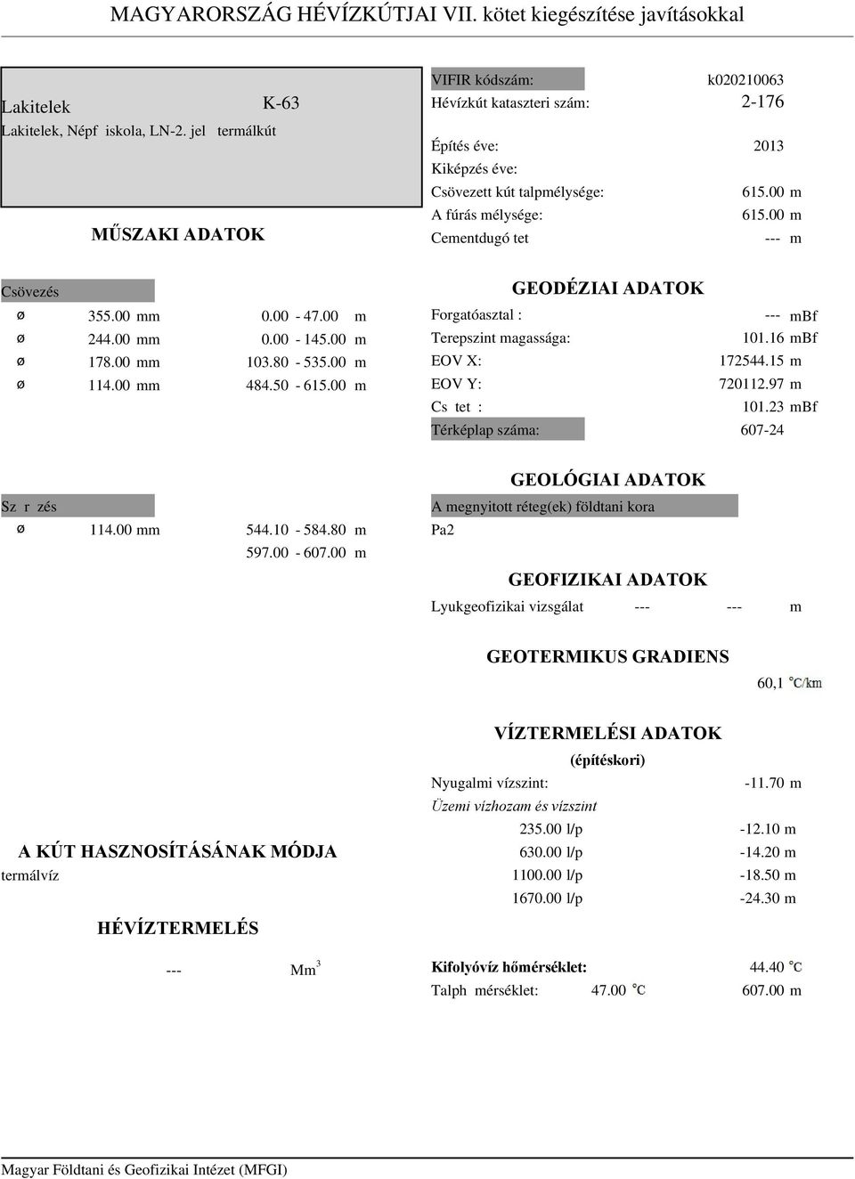 00 Csövezés GEODÉZIAI ADATOK 55.00 0.00-47.00 244.00 0.00-145.00 178.00 10.80-55.00 114.00 484.50-615.00 Forgatóasztal : Terepszint agassága: EOV X: EOV Y: Cső tető : Térképlap száa: Bf 101.