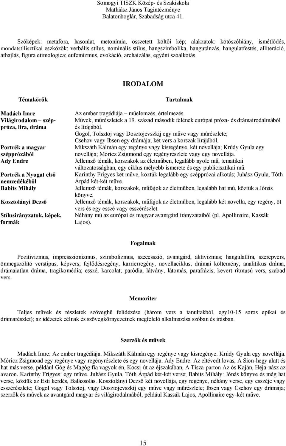 IRODALOM Témakörök Madách Imre Világirodalom széppróza, líra, dráma Portrék a magyar szépprózából Ady Endre Portrék a Nyugat első nemzedékéből Babits Mihály Kosztolányi Dezső Stílusirányzatok, képek,