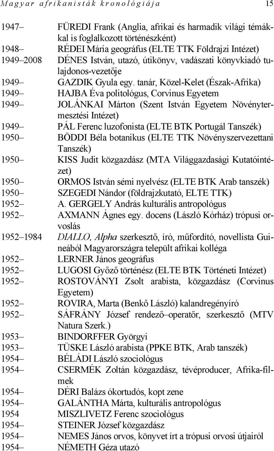 tanár, Közel-Kelet (Észak-Afrika) 1949 HAJBA Éva politológus, Corvinus Egyetem 1949 JOLÁNKAI Márton (Szent István Egyetem Növénytermesztési Intézet) 1949 PÁL Ferenc luzofonista (ELTE BTK Portugál