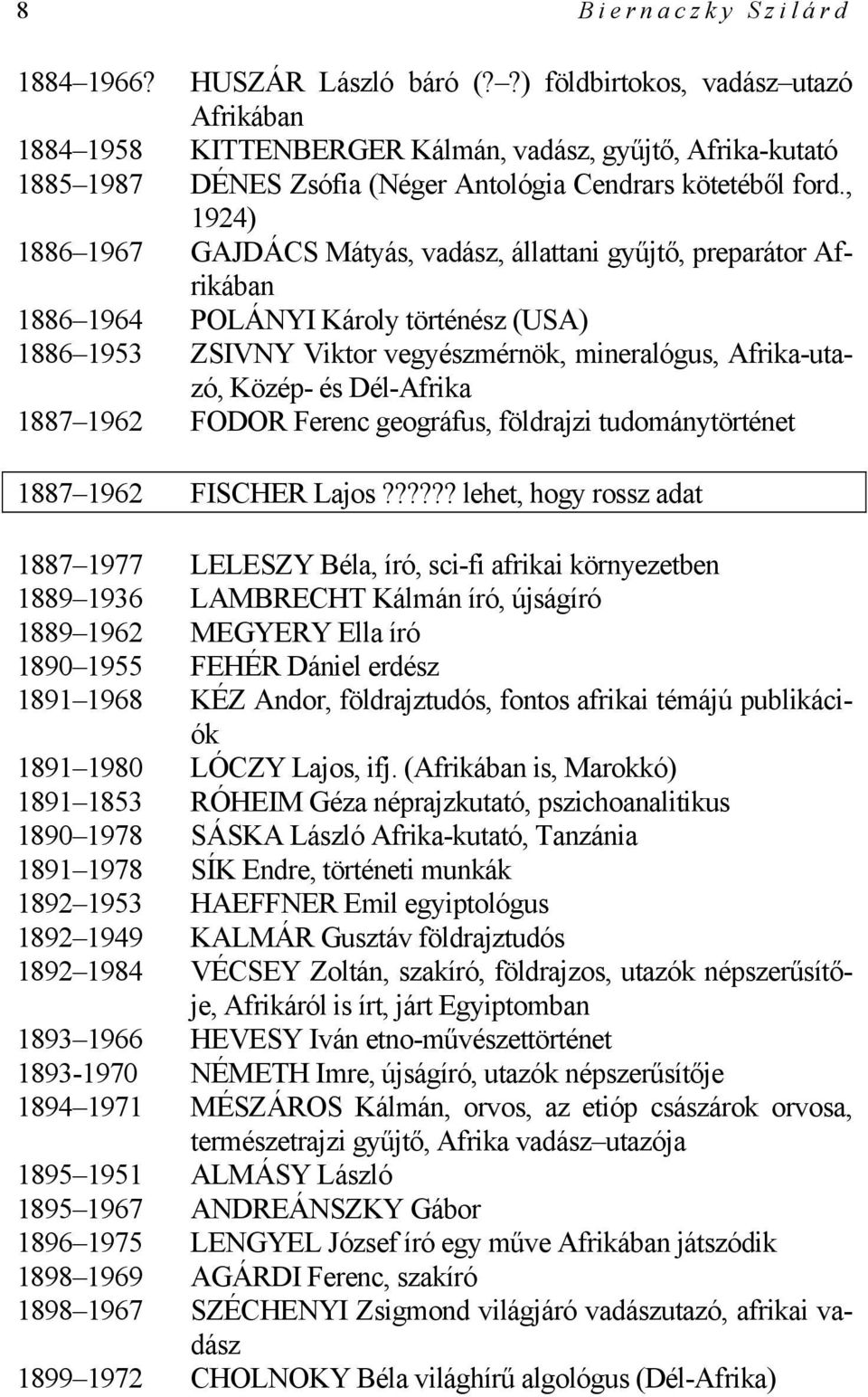 , 1924) 1886 1967 GAJDÁCS Mátyás, vadász, állattani gyűjtő, preparátor Afrikában 1886 1964 POLÁNYI Károly történész (USA) 1886 1953 ZSIVNY Viktor vegyészmérnök, mineralógus, Afrika-utazó, Közép- és