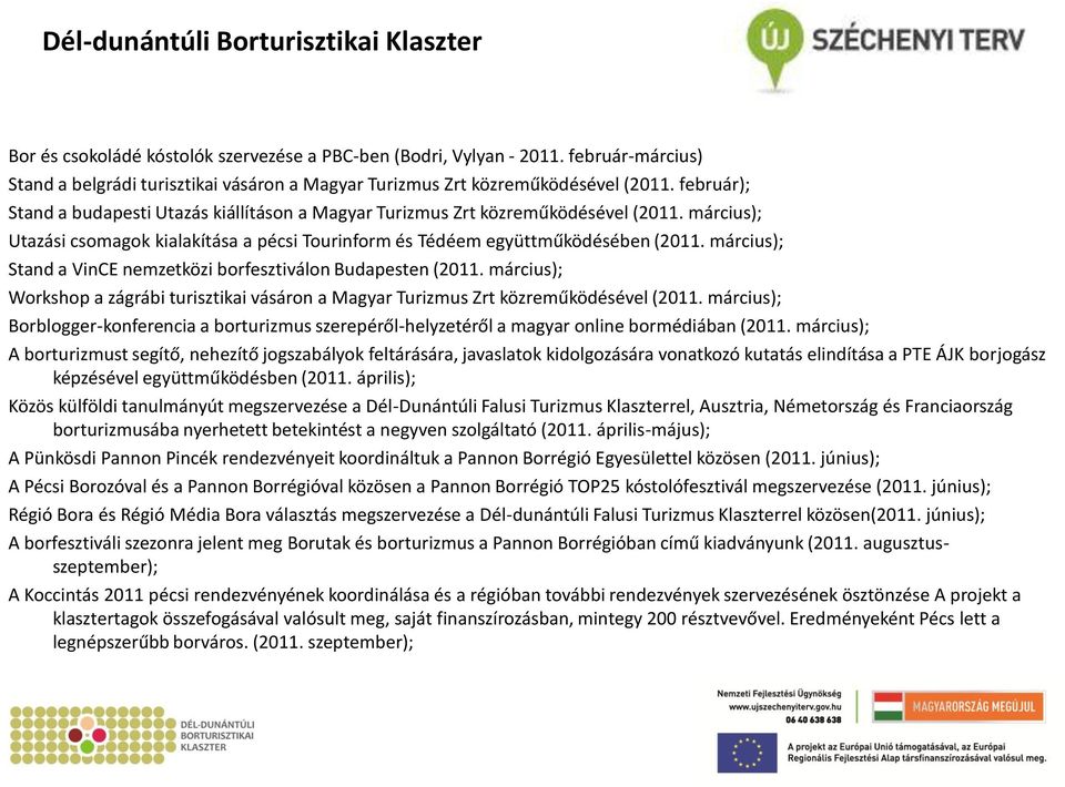 március); Stand a VinCE nemzetközi borfesztiválon Budapesten (2011. március); Workshop a zágrábi turisztikai vásáron a Magyar Turizmus Zrt közreműködésével (2011.