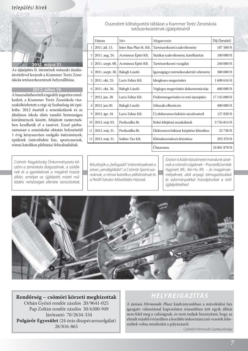 ütemének műszaki átadásátvételével lezárult a Krammer Teréz Zeneiskola tetőszerkezetének helyreállítása. 2012. július 19.