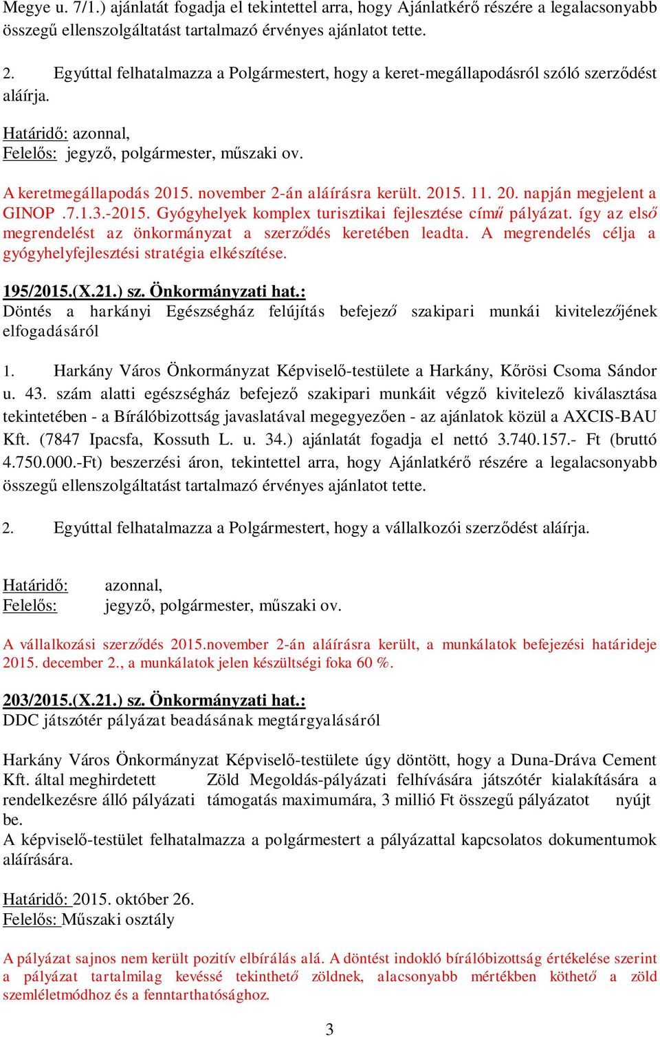 november 2-án aláírásra került. 2015. 11. 20. napján megjelent a GINOP.7.1.3.-2015. Gyógyhelyek komplex turisztikai fejlesztése cím pályázat.