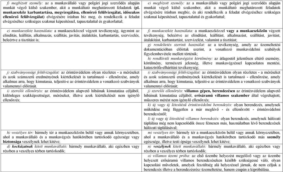 képesítéssel, tapasztalattal és gyakorlattal; e) munkaeszköz használata: a munkaeszközzel végzett tevékenység, úgymint az elindítás, leállítás, alkalmazás, szállítás, javítás, átalakítás,