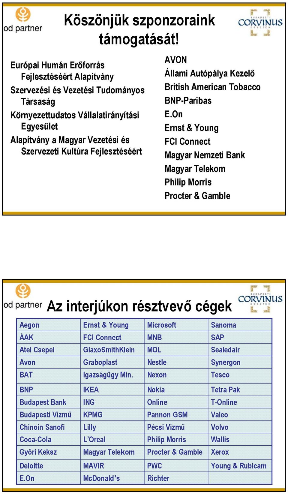 Fejlesztéséért AVON Állami Autópálya Kezelő British American Tobacco BNP-Paribas E.