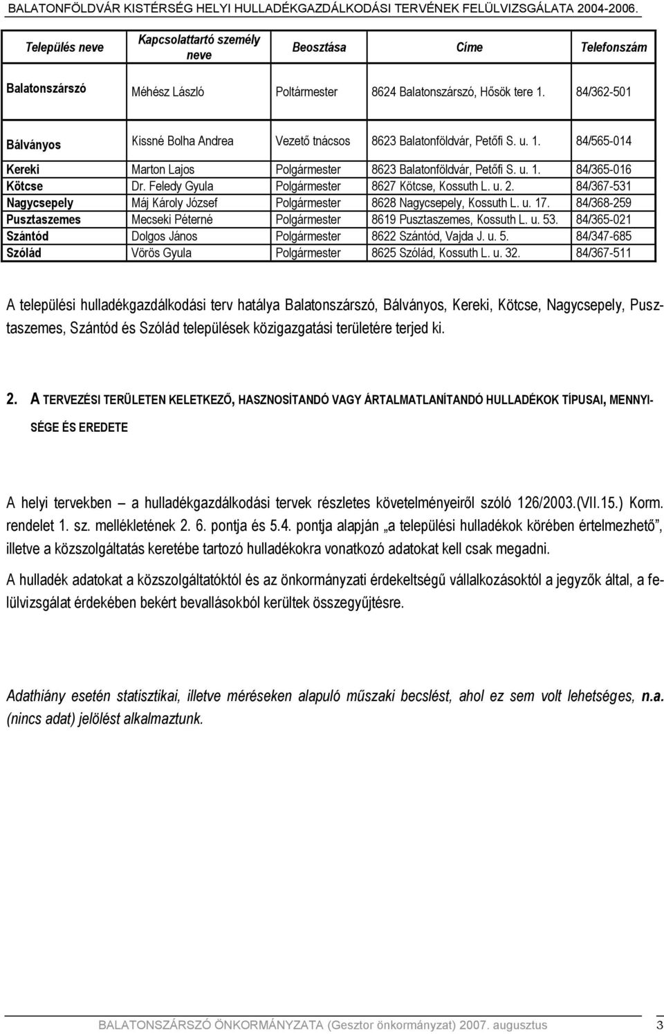 84/362501 Bálványos Kissné Bolha Andrea Vezető tnácsos 8623 Balatonföldvár, Petőfi S. u. 1. 84/565014 Kereki Marton Lajos Polgármester 8623 Balatonföldvár, Petőfi S. u. 1. 84/365016 Kötcse Dr.