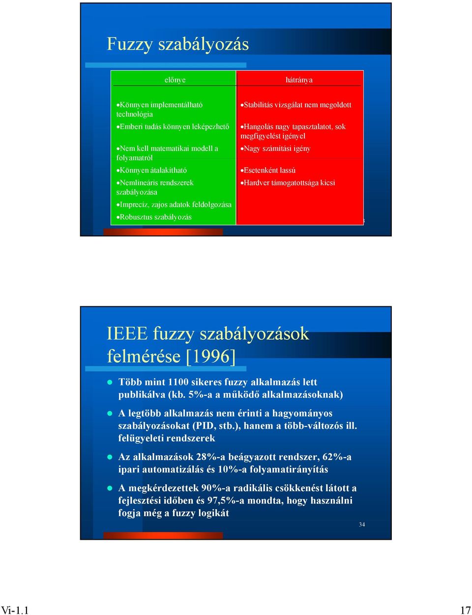 Hardver támogatottsága kicsi 33 IEEE fuzzy szabályozások felmérése [996] Több mint 00 sikeres fuzzy alkalmazás lett publikálva (kb.