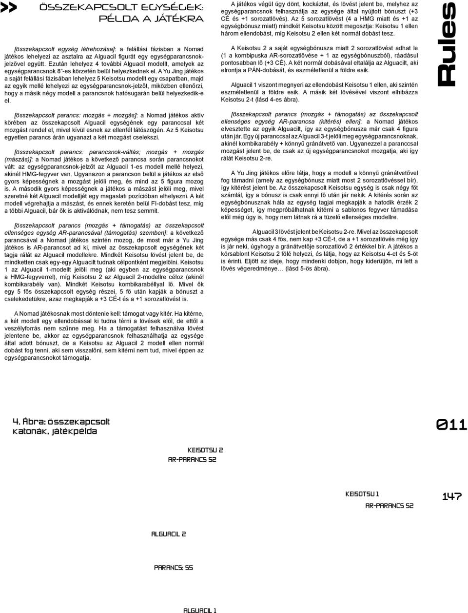 A Yu Jing játékos a saját felállási fázisában lehelyez 5 Keisotsu modellt egy csapatban, majd az egyik mellé lehelyezi az egységparancsnok-jelzőt, miközben ellenőrzi, hogy a másik négy modell a