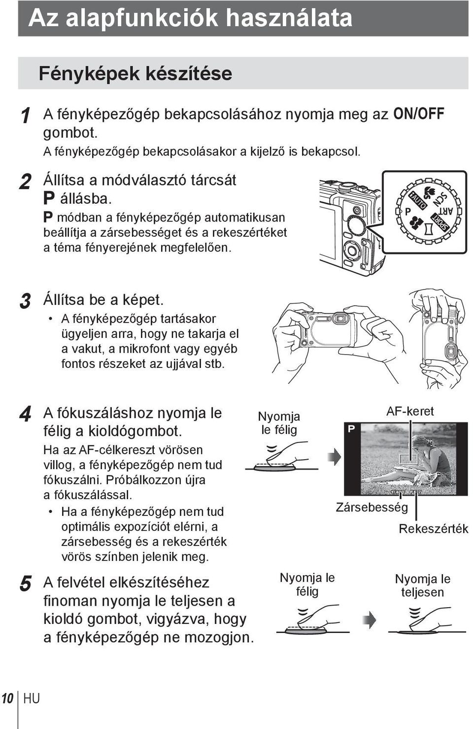 A fényképezőgép tartásakor ügyeljen arra, hogy ne takarja el a vakut, a mikrofont vagy egyéb fontos részeket az ujjával stb. 4 A fókuszáláshoz nyomja le félig a kioldógombot.