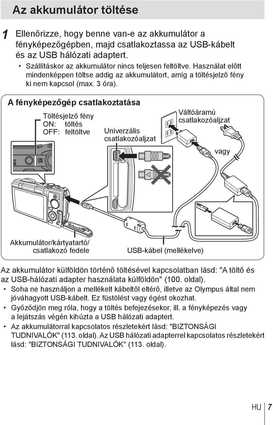 A fényképezőgép csatlakoztatása Töltésjelző fény ON: töltés OFF: feltöltve Univerzális csatlakozóaljzat Váltóáramú csatlakozóaljzat vagy Akkumulátor/kártyatartó/ csatlakozó fedele USB-kábel