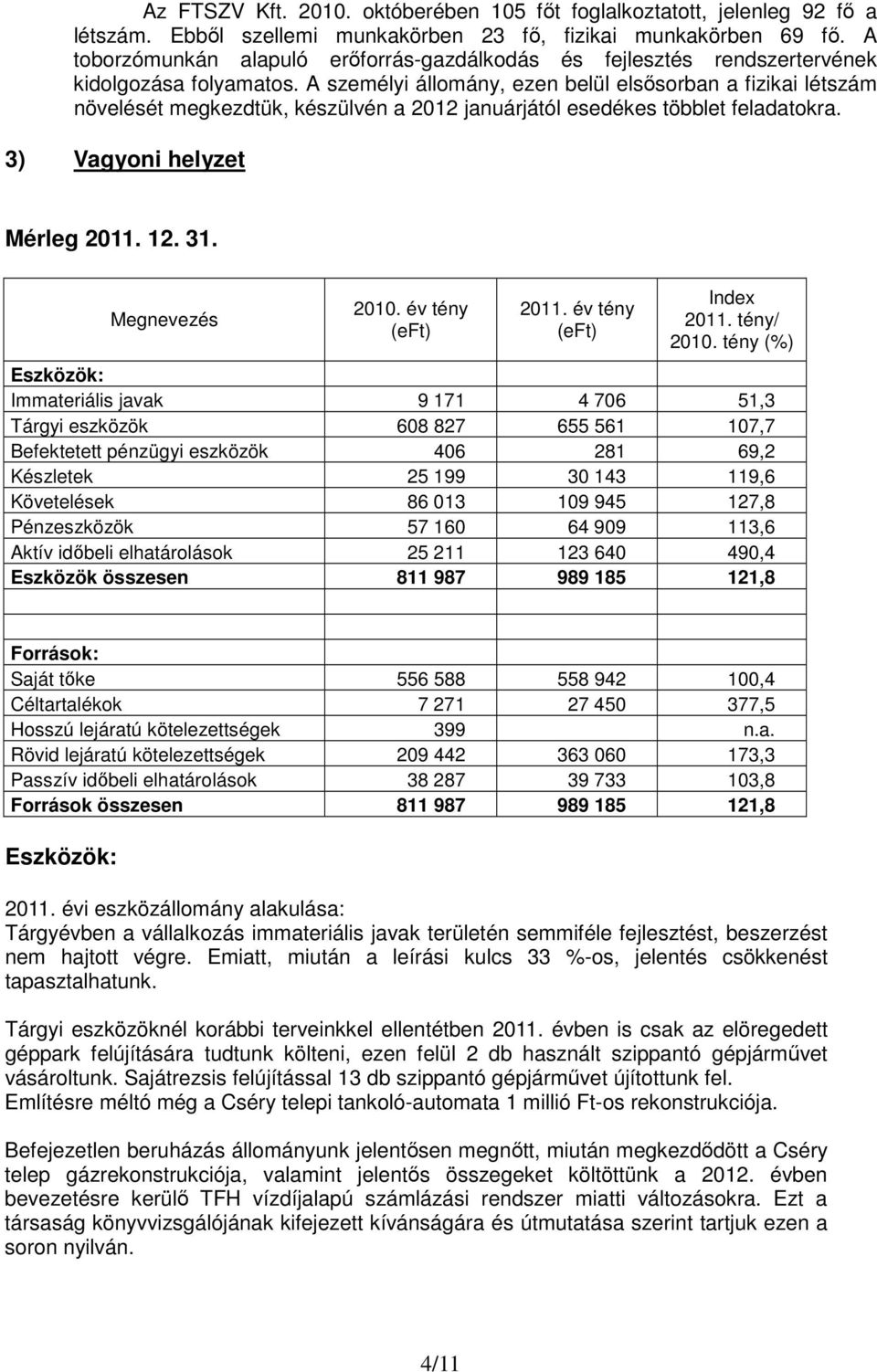 A személyi állomány, ezen belül elsősorban a fizikai létszám növelését megkezdtük, készülvén a 2012 januárjától esedékes többlet feladatokra. 3) Vagyoni helyzet Mérleg 2011. 12. 31. Megnevezés 2010.