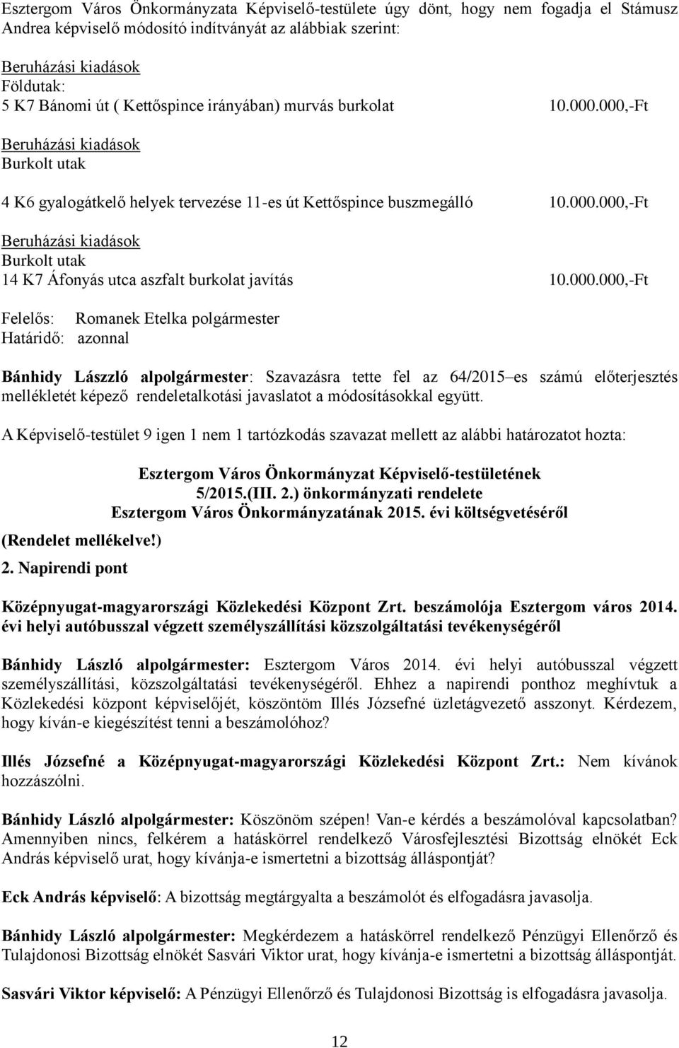 000.000,-Ft Határidő: azonnal Bánhidy Lászzló alpolgármester: Szavazásra tette fel az 64/2015 es számú előterjesztés mellékletét képező rendeletalkotási javaslatot a módosításokkal együtt.