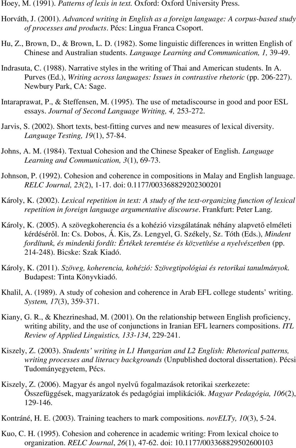 Indrasuta, C. (1988). Narrative styles in the writing of Thai and American students. In A. Purves (Ed.), Writing across languages: Issues in contrastive rhetoric (pp. 206-227). Newbury Park, CA: Sage.