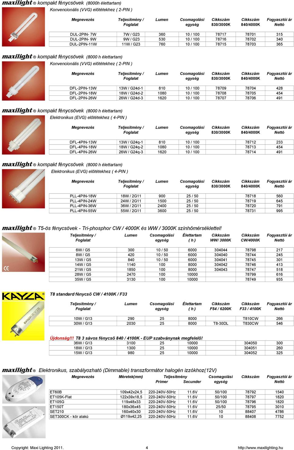 h élettartam) Konvencionális (VVG) elıtétekhez ( 2-PIN ) Megnevezés Teljesítmény / Lumen Csomagolási Cikkszám Cikkszám Fogyasztói ár Foglalat egység 830/3000K 840/4000K DFL-2PIN-13W 13W / G24d-1 810