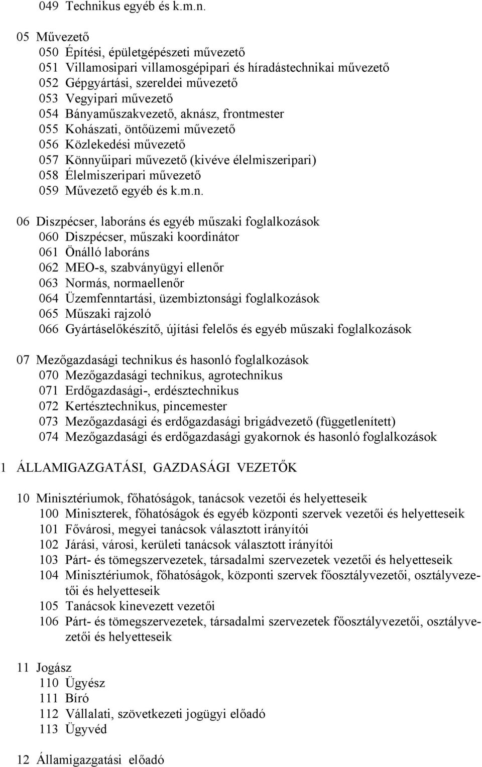 05 Művezető 050 Építési, épületgépészeti művezető 051 Villamosipari villamosgépipari és híradástechnikai művezető 052 Gépgyártási, szereldei művezető 053 Vegyipari művezető 054 Bányaműszakvezető,