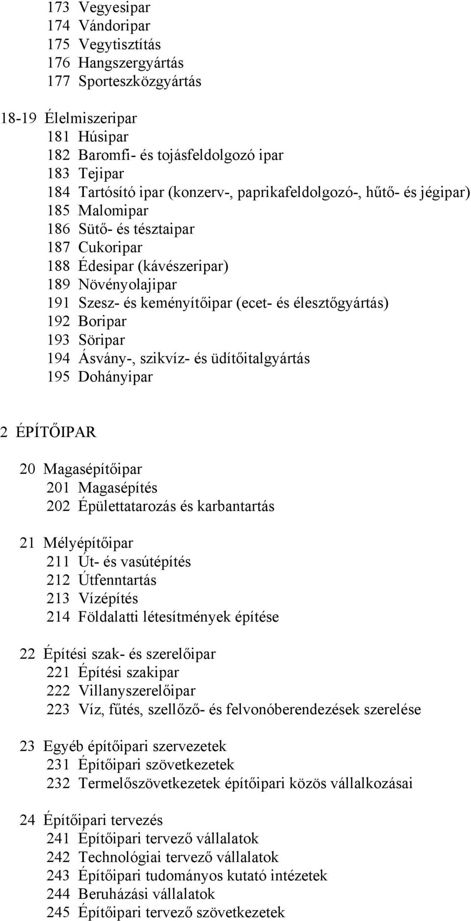 élesztőgyártás) 192 Boripar 193 Söripar 194 Ásvány-, szikvíz- és üdítőitalgyártás 195 Dohányipar 2 ÉPÍTŐIPAR 20 Magasépítőipar 201 Magasépítés 202 Épülettatarozás és karbantartás 21 Mélyépítőipar 211