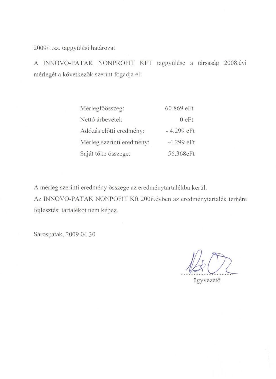 eredmény: Saját tőke összege: 60.869 e 0 e - 4.299 e -4.299 e 56.