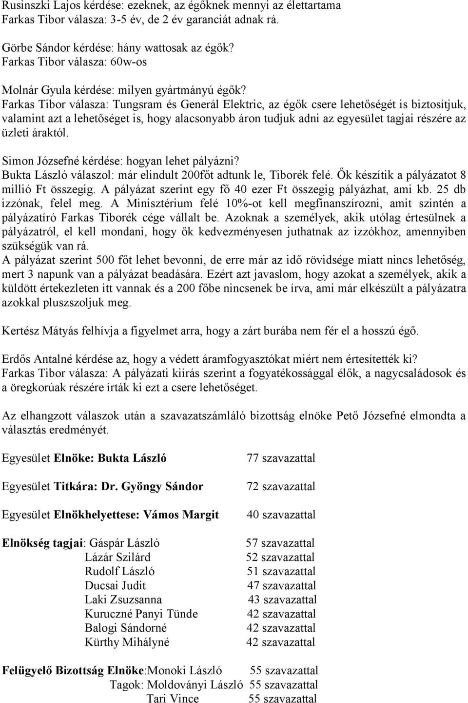 Farkas Tibor válasza: Tungsram és Generál Elektric, az égők csere lehetőségét is biztosítjuk, valamint azt a lehetőséget is, hogy alacsonyabb áron tudjuk adni az egyesület tagjai részére az üzleti