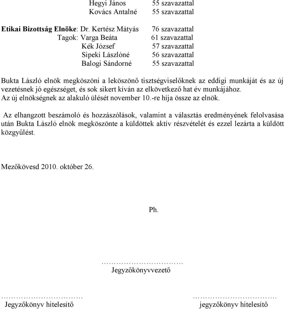 leköszönő tisztségviselőknek az eddigi munkáját és az új vezetésnek jó egészséget, és sok sikert kíván az elkövetkező hat év munkájához. Az új elnökségnek az alakuló ülését november 10.