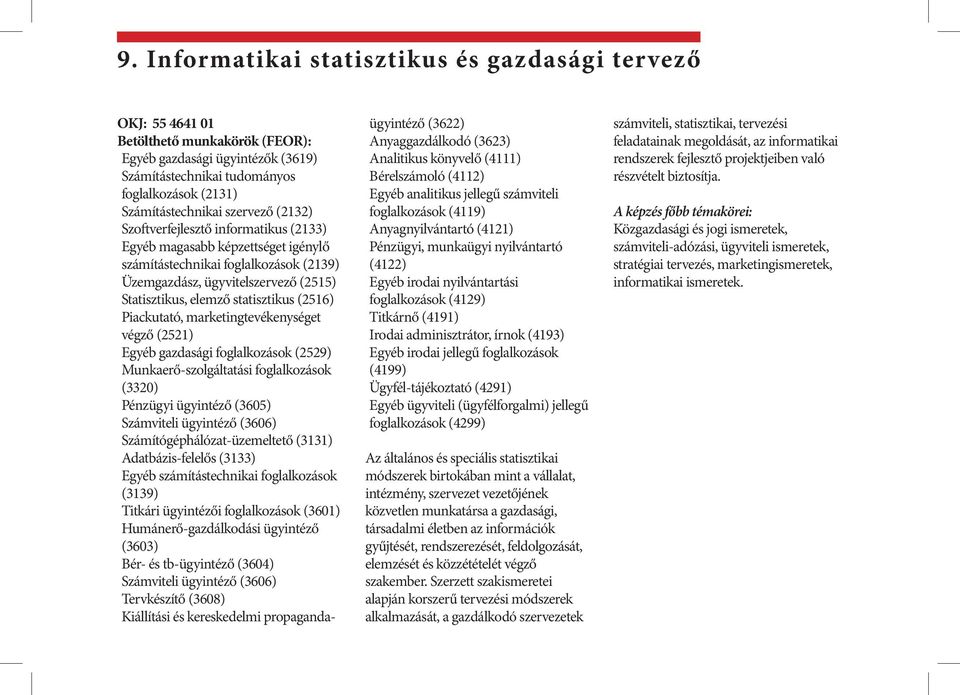 Egyéb gazdasági foglalkozások (2529) Munkaerő-szolgáltatási foglalkozások (3320) Pénzügyi ügyintéző (3605) Számviteli ügyintéző (3606) Számítógéphálózat-üzemeltető (3131) Adatbázis-felelős (3133)