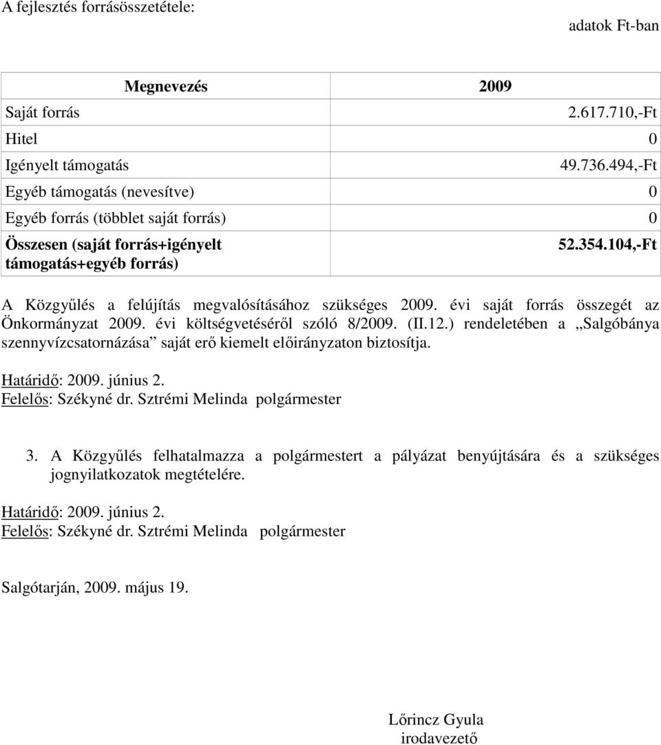 ) rendeletében a Salgóbánya szennyvízcsatornázása saját erı kiemelt elıirányzaton biztosítja.