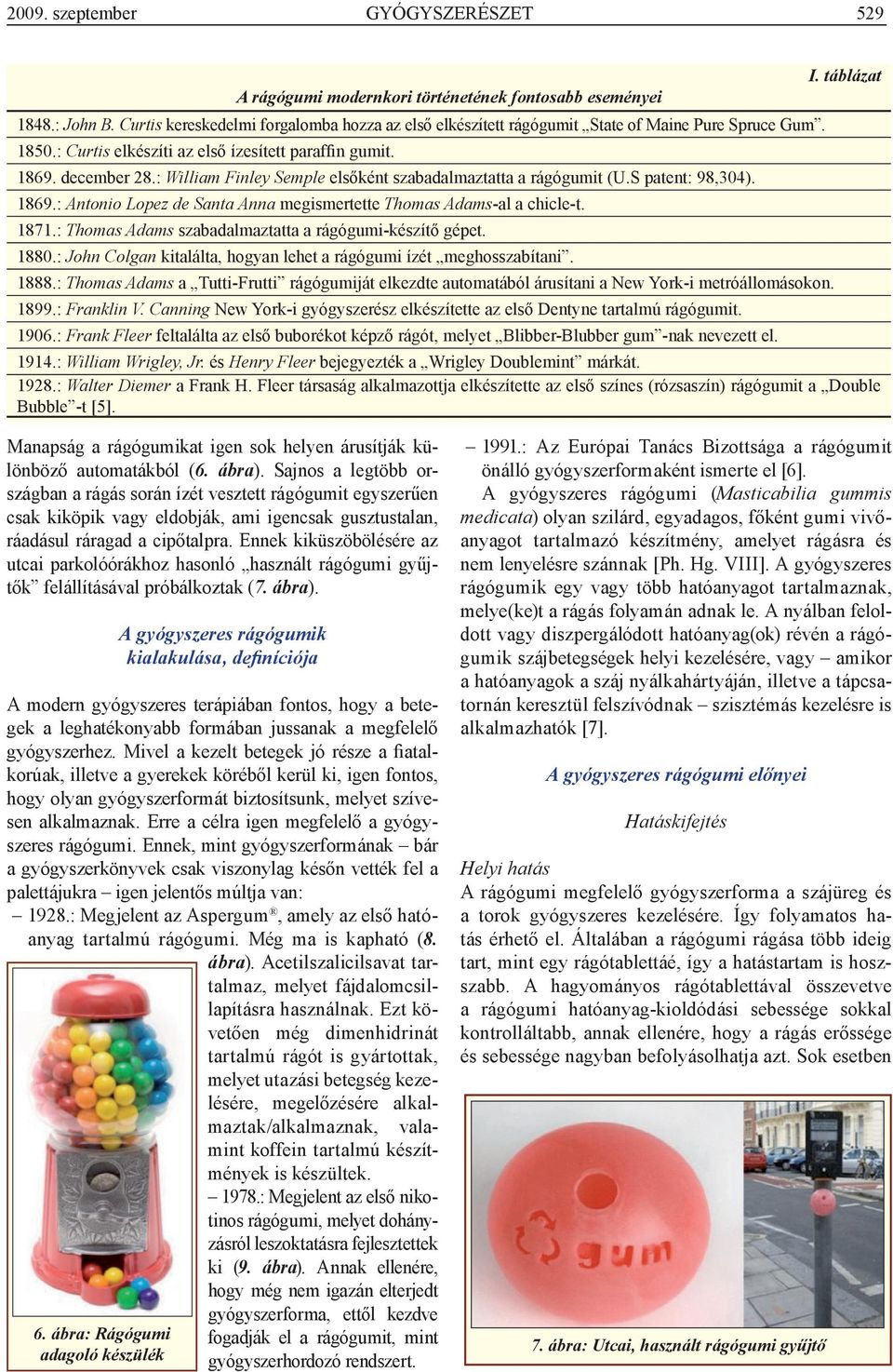 : William Finley Semple elsőként szabadalmaztatta a rágógumit (U.S patent: 98,304). 1869.: Antonio Lopez de Santa Anna megismertette Thomas Adams-al a chicle-t. 1871.