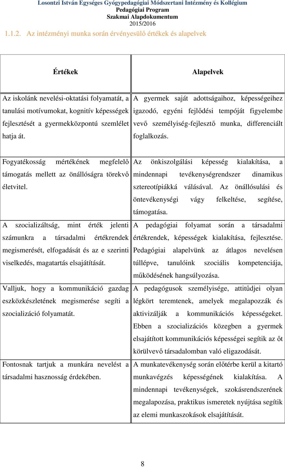 gyermekközpontú szemlélet hatja át. A gyermek saját adottságaihoz, képességeihez igazodó, egyéni fejlődési tempóját figyelembe vevő személyiség-fejlesztő munka, differenciált foglalkozás.