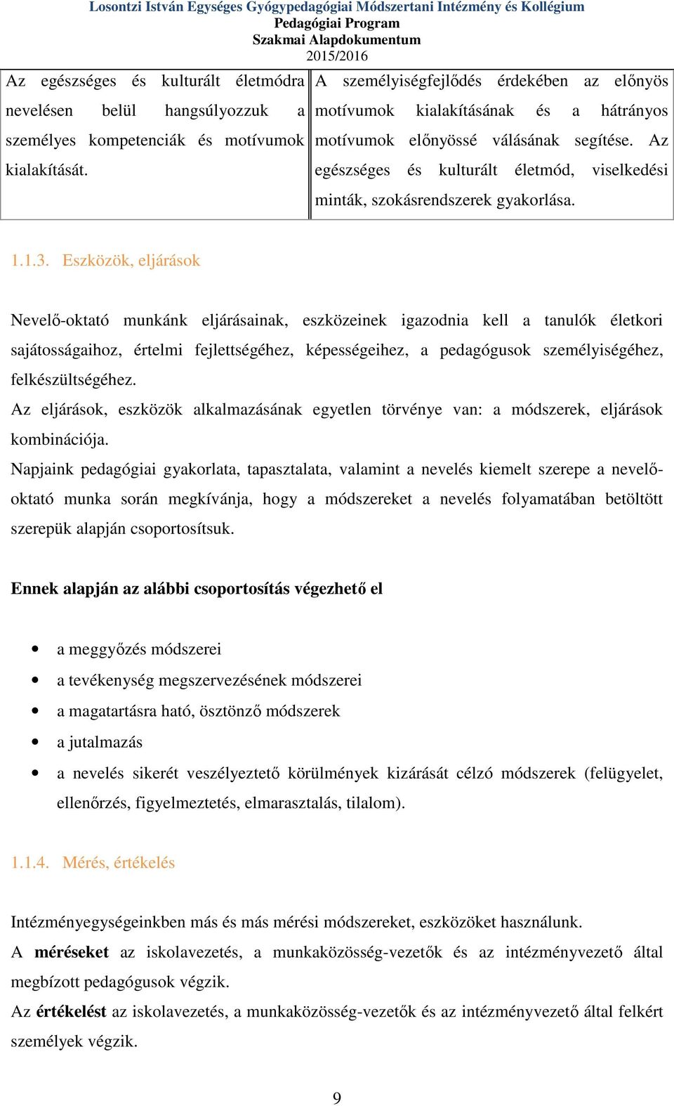 Az egészséges és kulturált életmód, viselkedési minták, szokásrendszerek gyakorlása. 1.1.3.