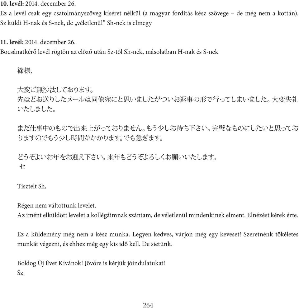 Bocsánatkérő levél rögtön az előző után Sz-től Sh-nek, másolatban H-nak és S-nek 篠 様 大 変 ご 無 沙 汰 しております 先 ほどお 送 りしたメールは 同 僚 宛 にと 思 いましたがついお 返 事 の 形 で 行 ってしまいました 大 変 失 礼 いたしました まだ 仕 事 中 のもので 出 来 上