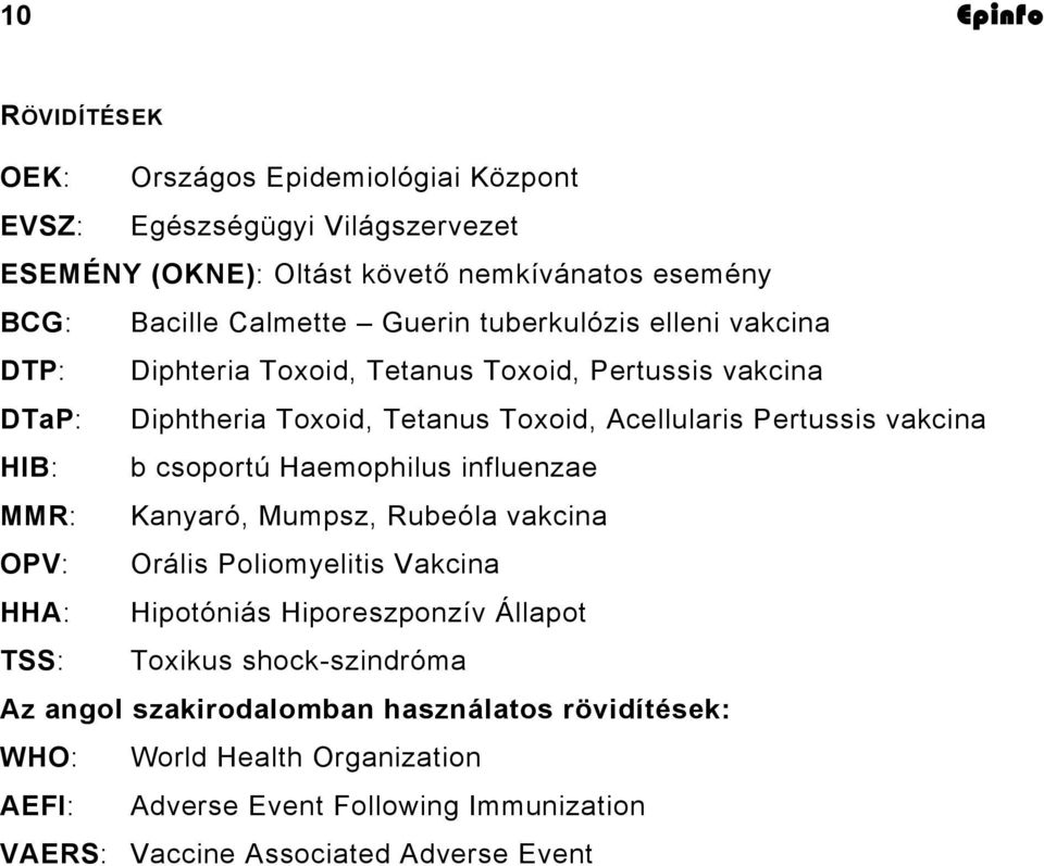 b csoportú Haemophilus influenzae MMR: Kanyaró, Mumpsz, Rubeóla vakcina OPV: Orális Poliomyelitis Vakcina HHA: Hipotóniás Hiporeszponzív Állapot TSS: Toxikus