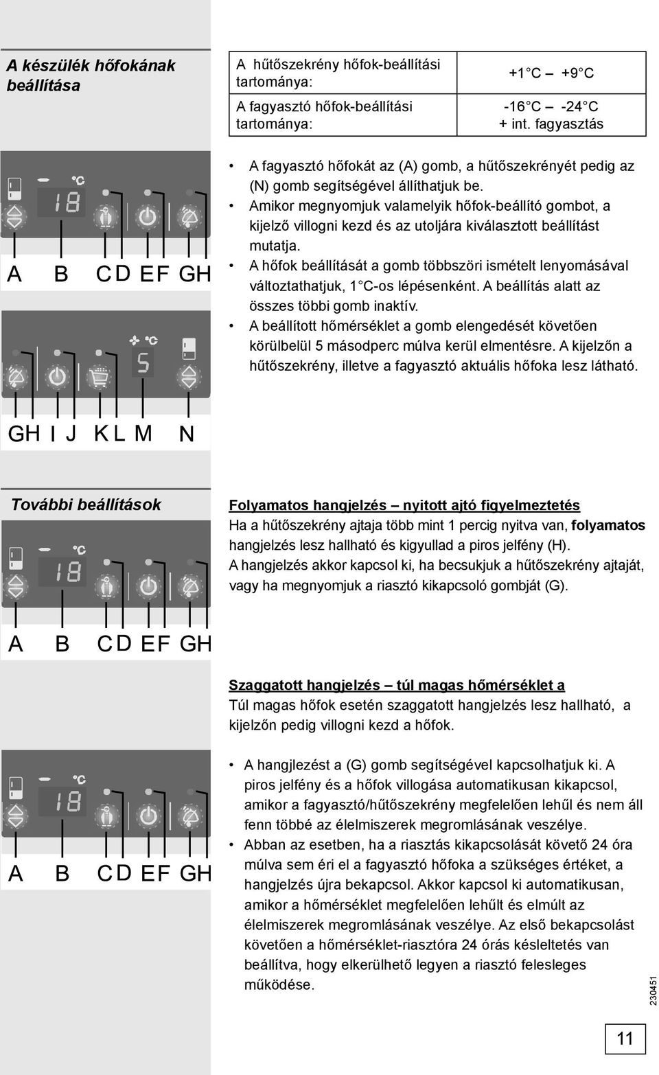 Amikor megnyomjuk valamelyik hőfok-beállító gombot, a kijelző villogni kezd és az utoljára kiválasztott beállítást mutatja.