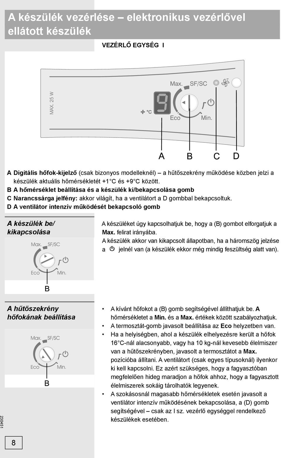 D A ventilátor intenzív működését bekapcsoló gomb A készülék be/ kikapcsolása A készüléket úgy kapcsolhatjuk be, hogy a (B) gombot elforgatjuk a Max. felirat irányába.